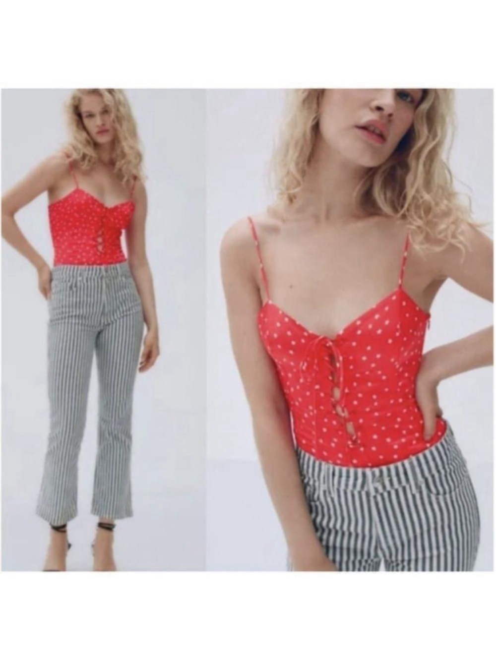 Zara bodysuit red white stars lace front tie detail corsette like July 4th sz sm